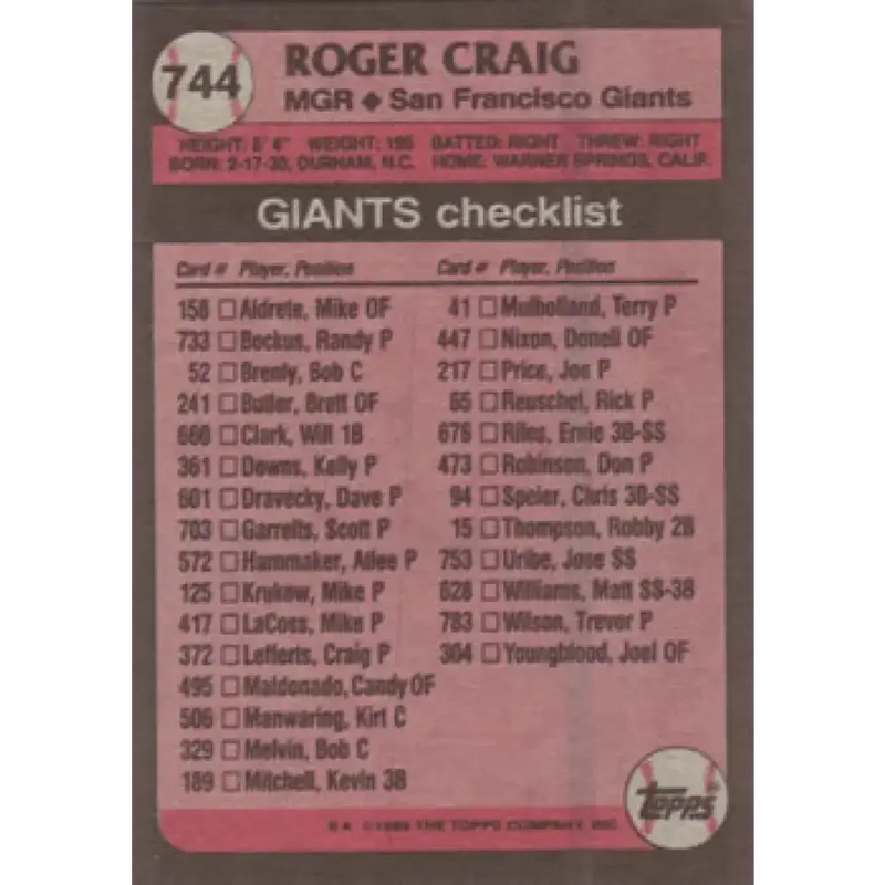 1989 Topps #744 Roger Craig MG NM-MT San Francisco Giants Baseball Card - Baseball Card Single