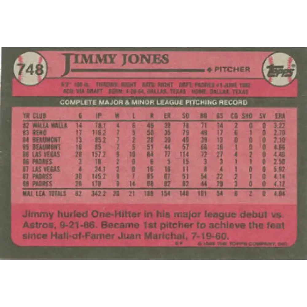 1989 Topps #748 Jimmy Jones NM-MT San Diego Padres Baseball Card - Baseball Card Single