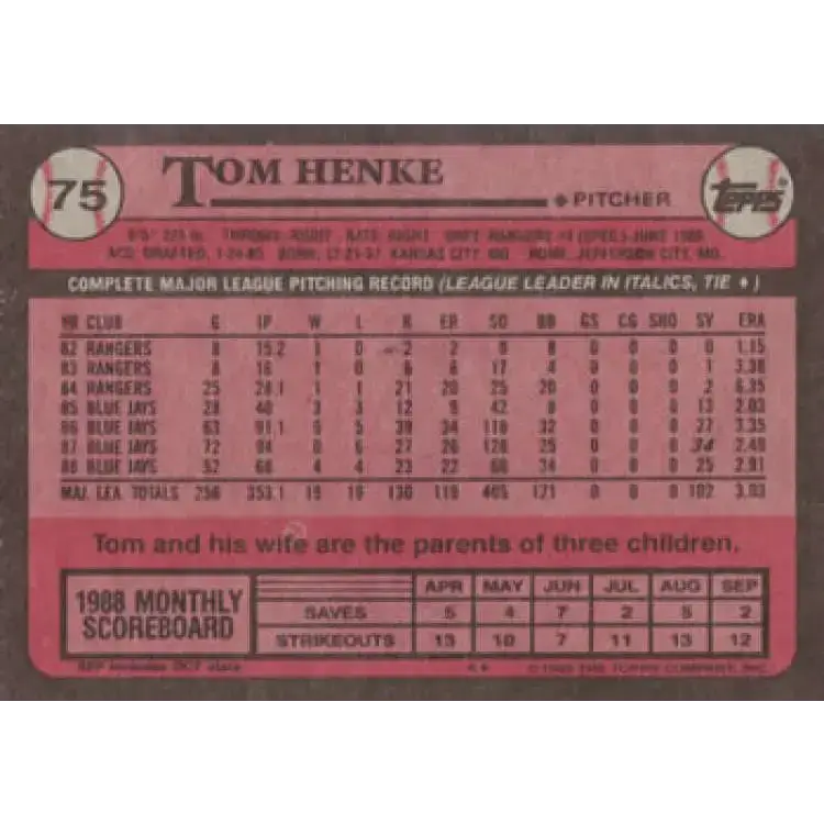 1989 Topps #75 Tom Henke NM-MT Toronto Blue Jays Baseball Card - Baseball Card Single