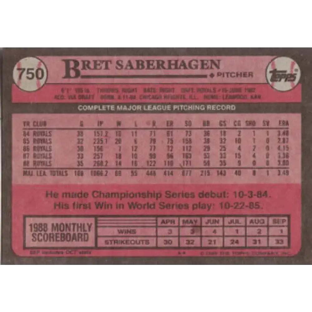 1989 Topps #750 Bret Saberhagen NM-MT Kansas City Royals Baseball Card - Baseball Card Single