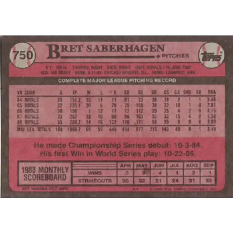 1989 Topps #750 Bret Saberhagen NM-MT Kansas City Royals Baseball Card - Baseball Card Single