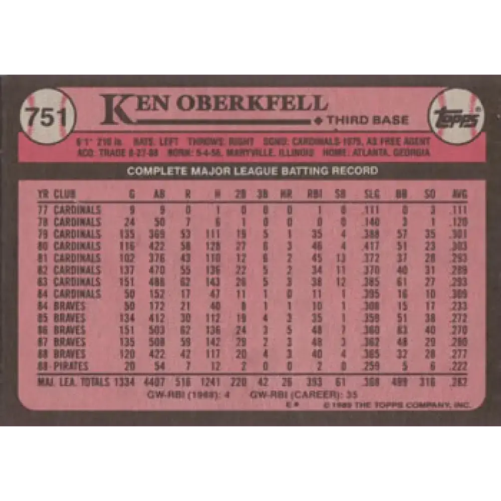 1989 Topps #751 Ken Oberkfell NM-MT Pittsburgh Pirates Baseball Card - Baseball Card Single
