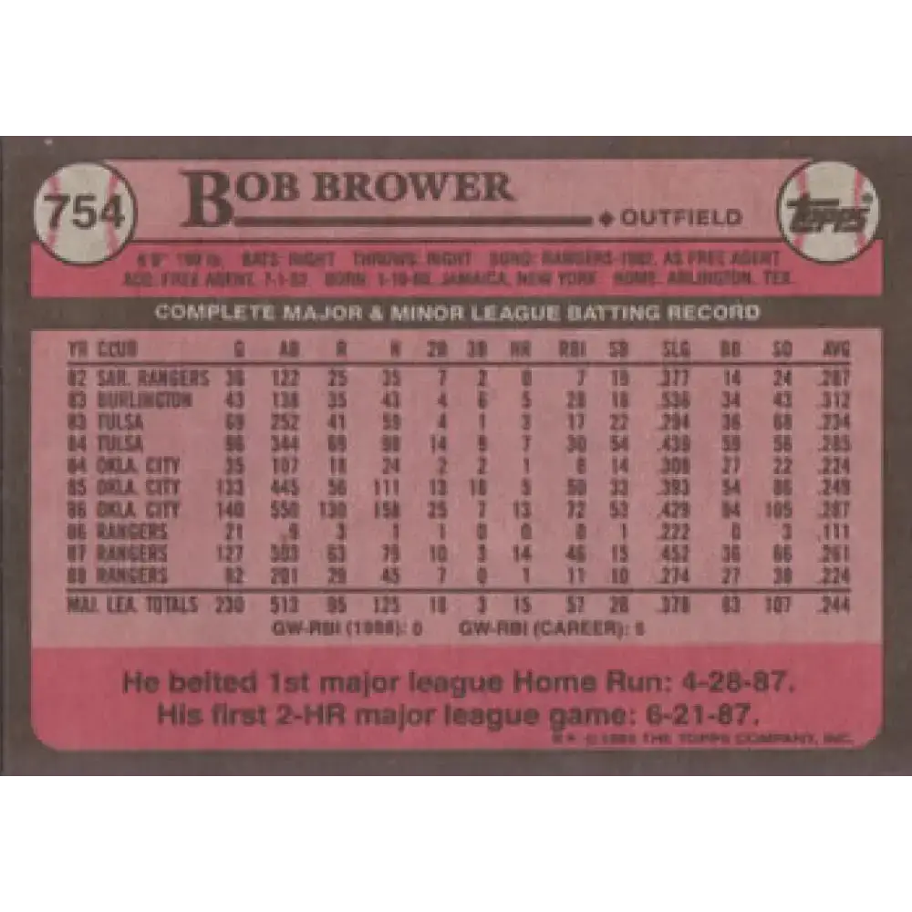1989 Topps #754 Bob Brower NM-MT Texas Rangers Baseball Card - Baseball Card Single