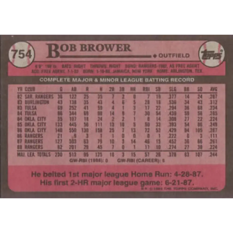 1989 Topps #754 Bob Brower NM-MT Texas Rangers Baseball Card - Baseball Card Single