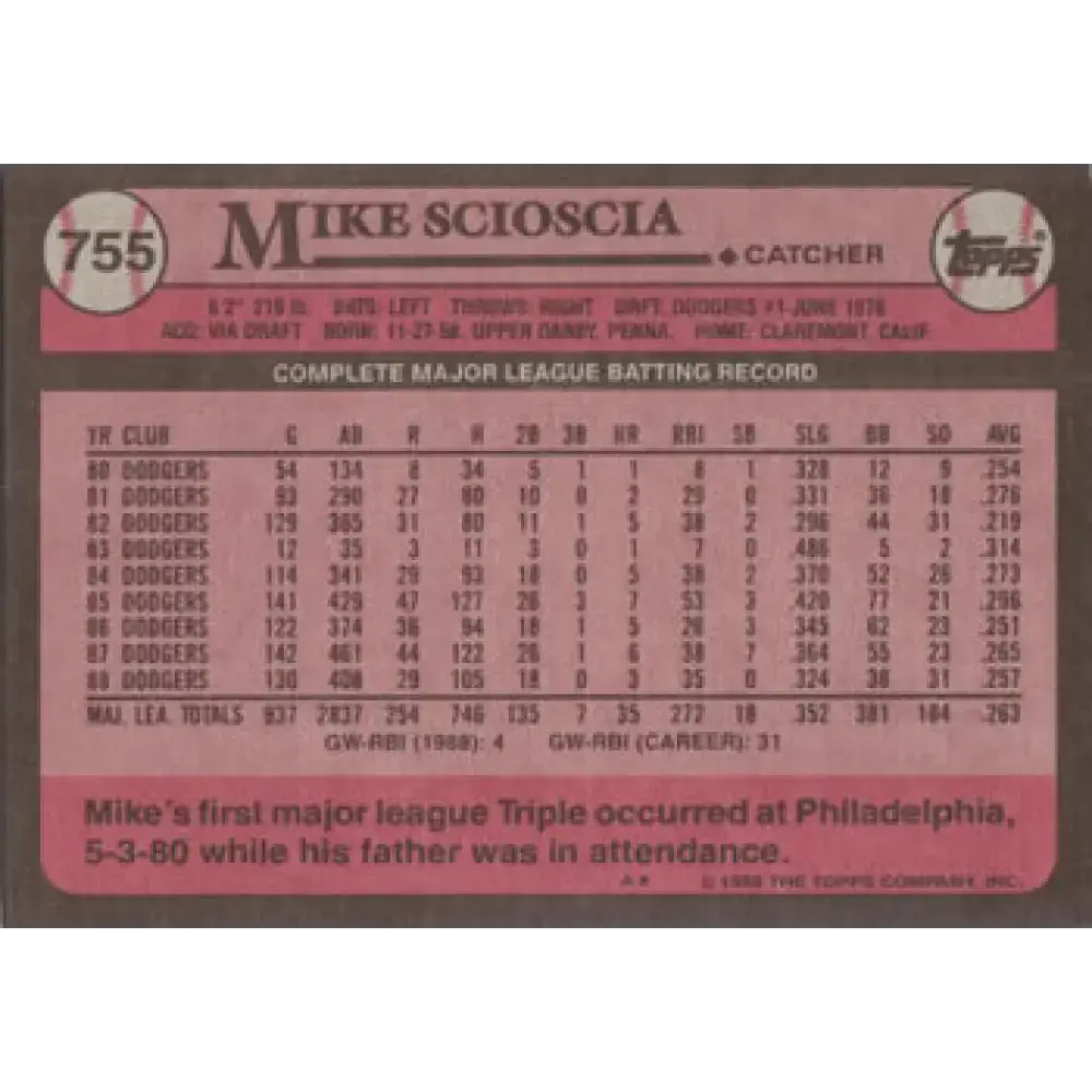 1989 Topps #755 Mike Scioscia NM-MT Los Angeles Dodgers Baseball Card - Baseball Card Single