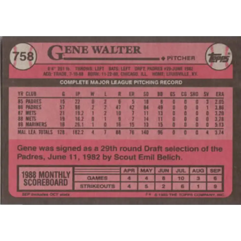 1989 Topps #758 Gene Walter NM-MT Seattle Mariners Baseball Card - Baseball Card Single