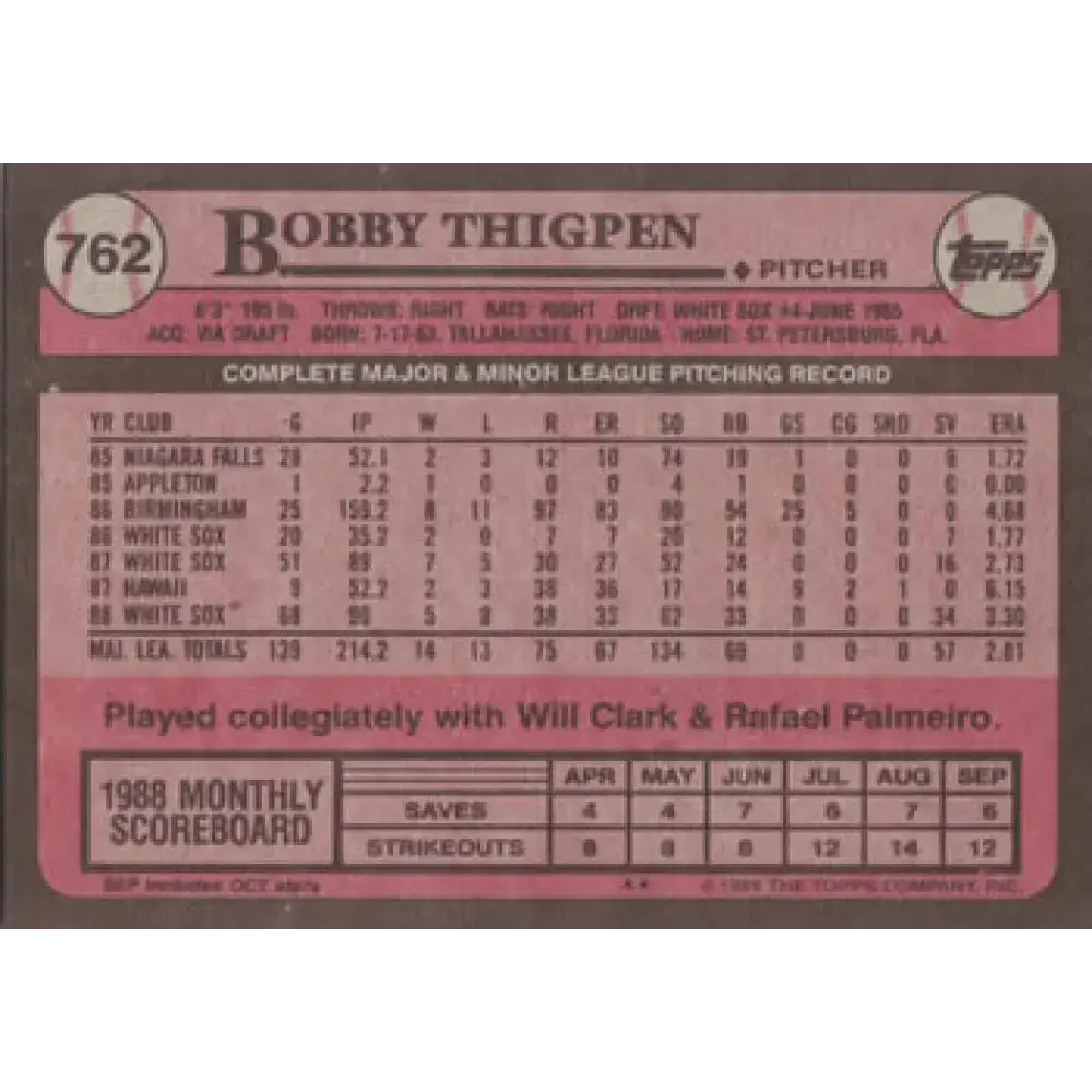 1989 Topps #762 Bobby Thigpen NM-MT Chicago White Sox Baseball Card - Baseball Card Single