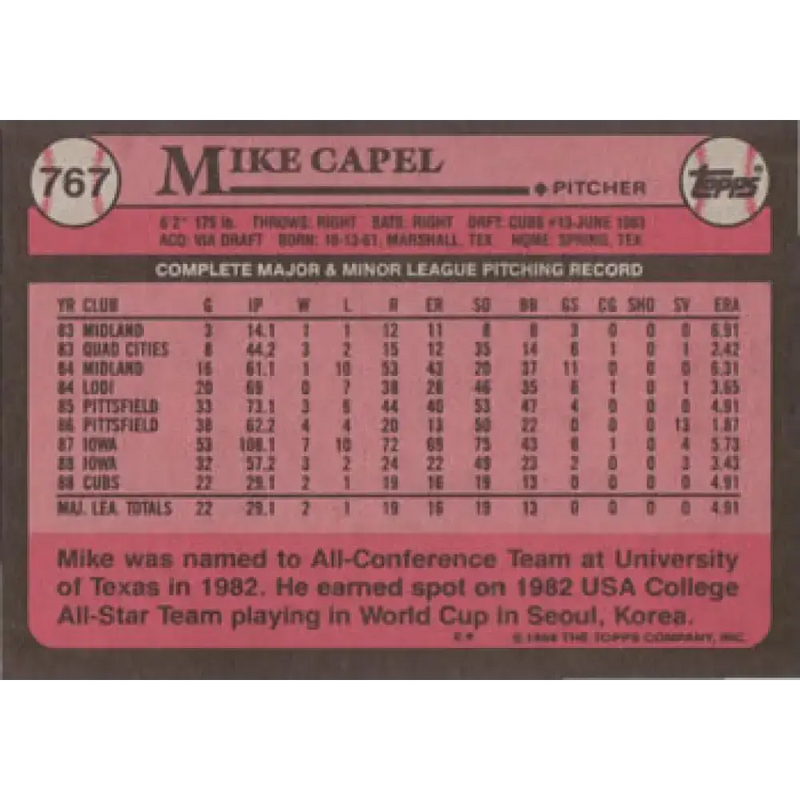 1989 Topps #767 Mike Capel NM-MT RC Rookie Chicago Cubs Baseball Card - Baseball Card Single