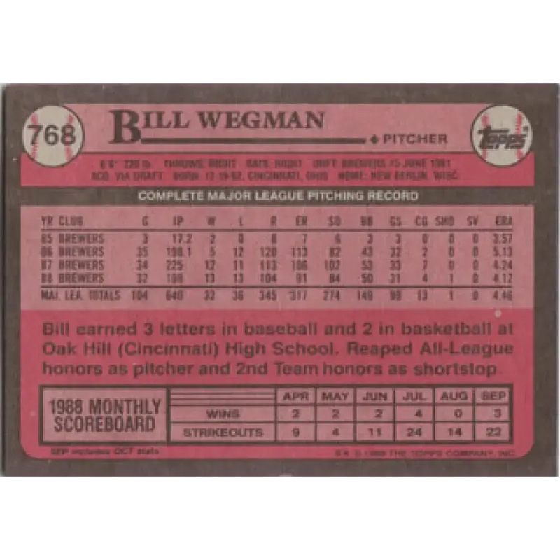 1989 Topps #768 Bill Wegman NM-MT Milwaukee Brewers Baseball Card - Baseball Card Single