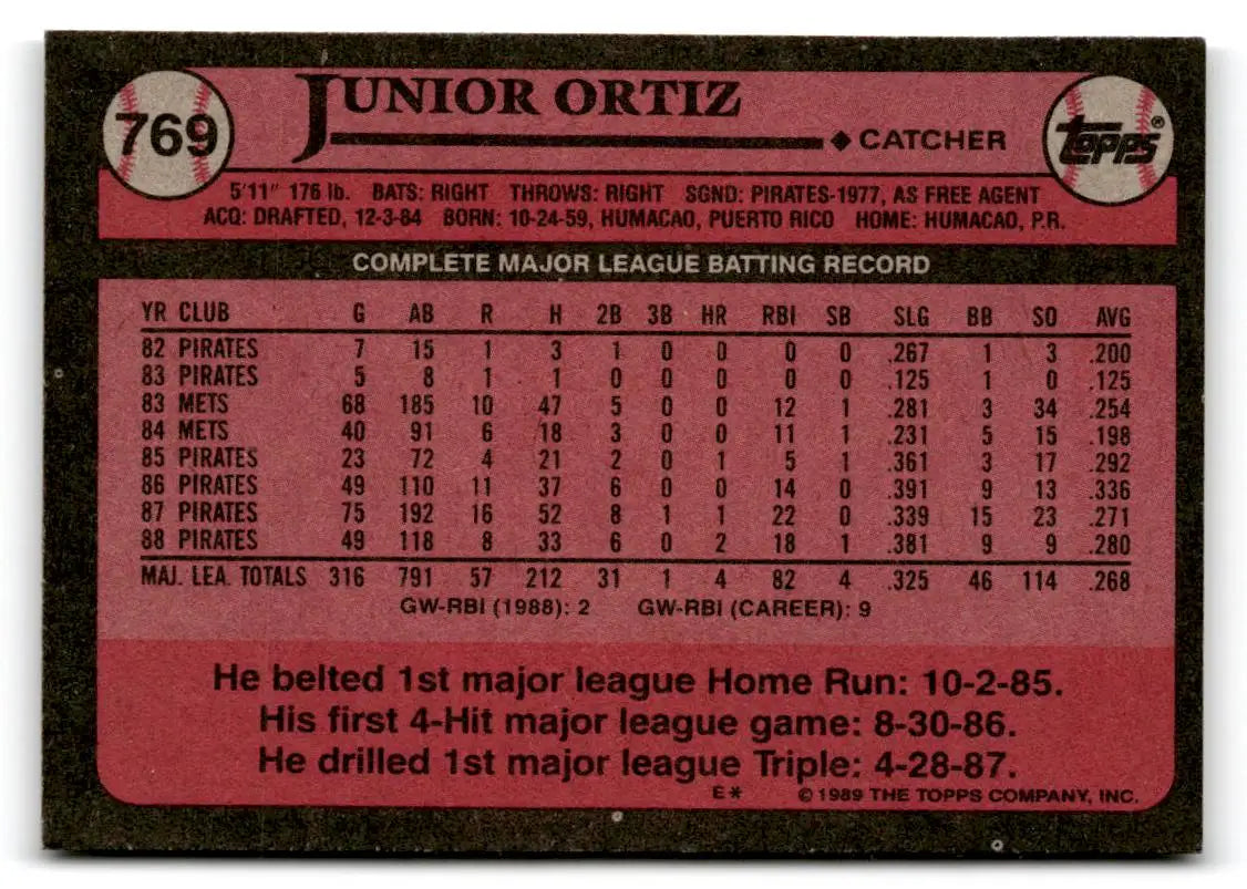 1989 Topps #769 Junior Ortiz - Baseball Card Single