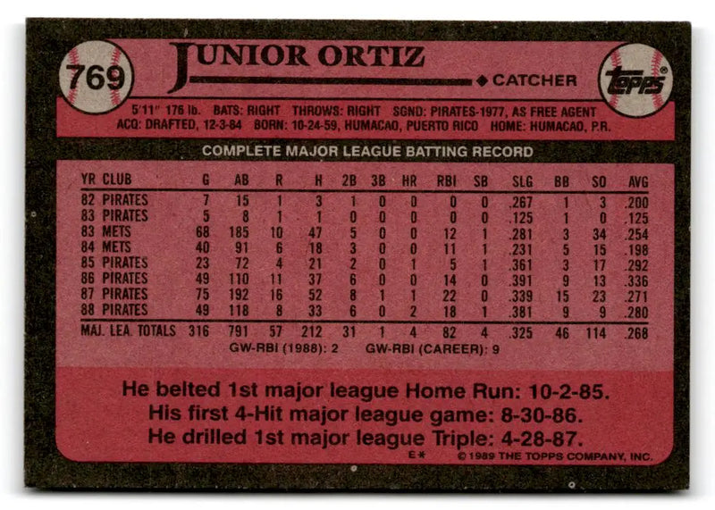 1989 Topps #769 Junior Ortiz - Baseball Card Single