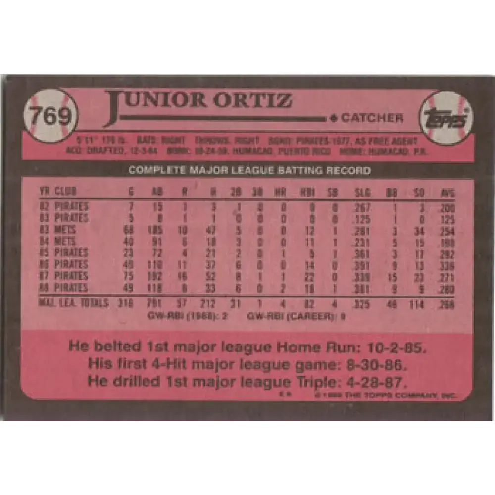 1989 Topps #769 Junior Ortiz NM-MT Pittsburgh Pirates Baseball Card - Baseball Card Single