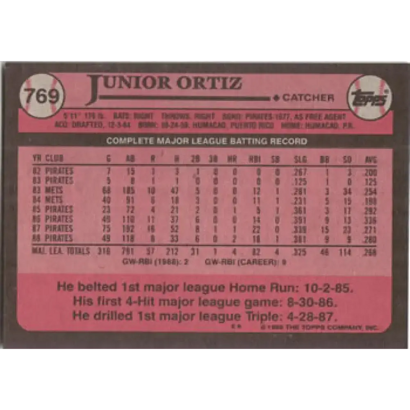 1989 Topps #769 Junior Ortiz NM-MT Pittsburgh Pirates Baseball Card - Baseball Card Single