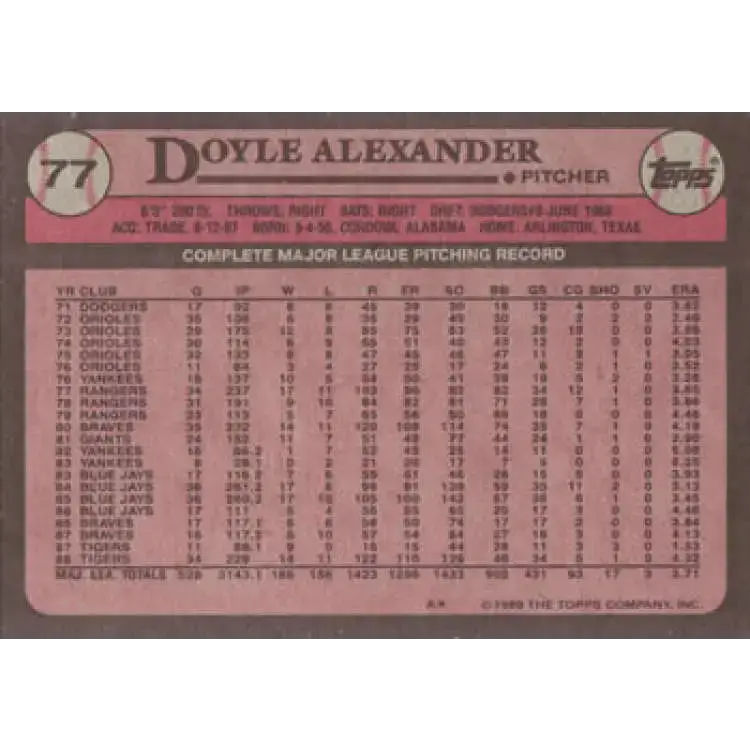 1989 Topps #77 Doyle Alexander NM-MT Detroit Tigers Baseball Card - Baseball Card Single