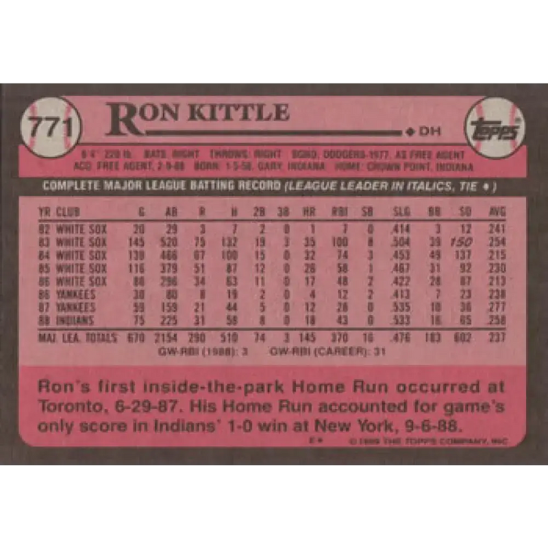 1989 Topps #771 Ron Kittle NM-MT Cleveland Indians Baseball Card - Baseball Card Single