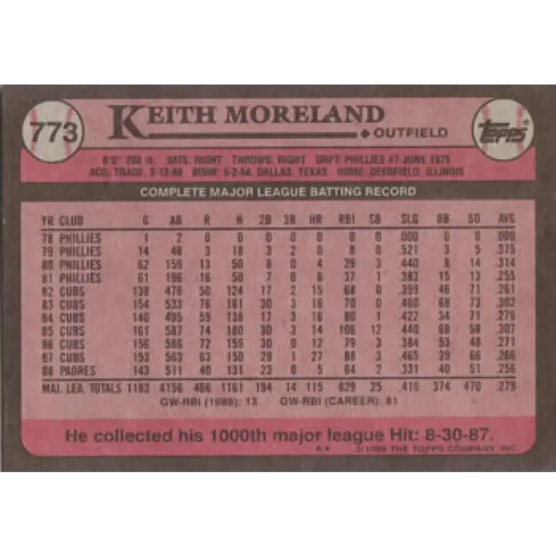 1989 Topps #773 Keith Moreland NM-MT San Diego Padres Baseball Card - Baseball Card Single