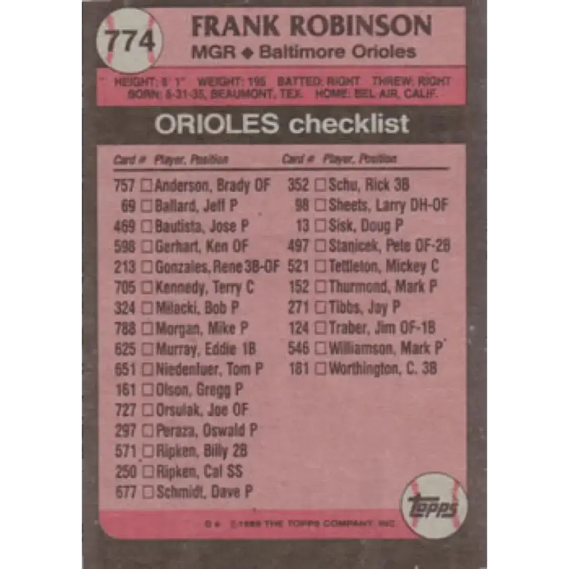 1989 Topps #774 Frank Robinson MG NM-MT Baltimore Orioles Baseball Card - Baseball Card Single
