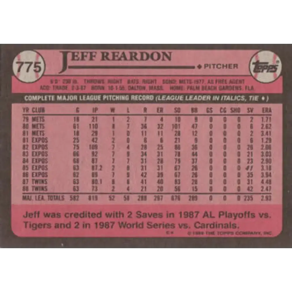 1989 Topps #775 Jeff Reardon NM-MT Minnesota Twins Baseball Card - Baseball Card Single