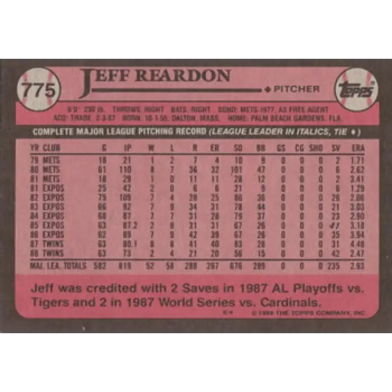 1989 Topps #775 Jeff Reardon NM-MT Minnesota Twins Baseball Card - Baseball Card Single