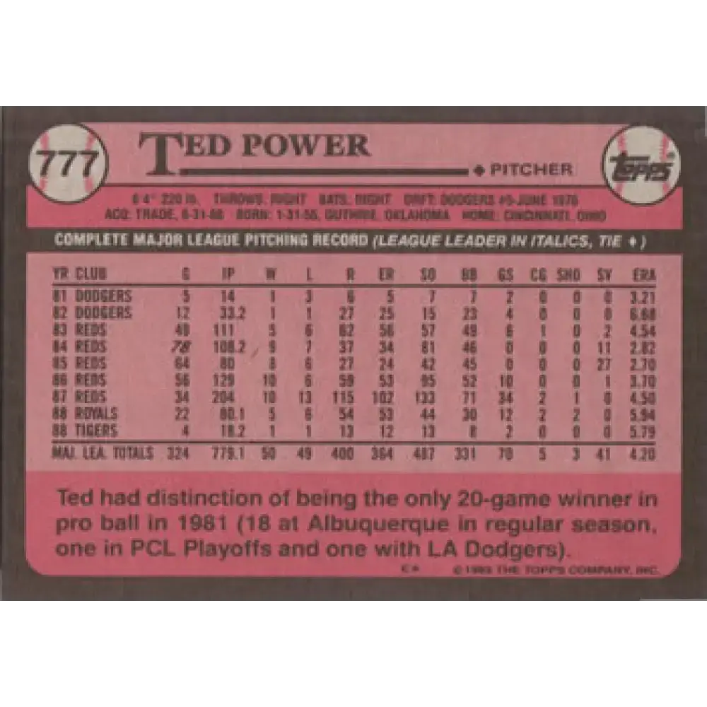 1989 Topps #777 Ted Power NM-MT Detroit Tigers Baseball Card - Baseball Card Single