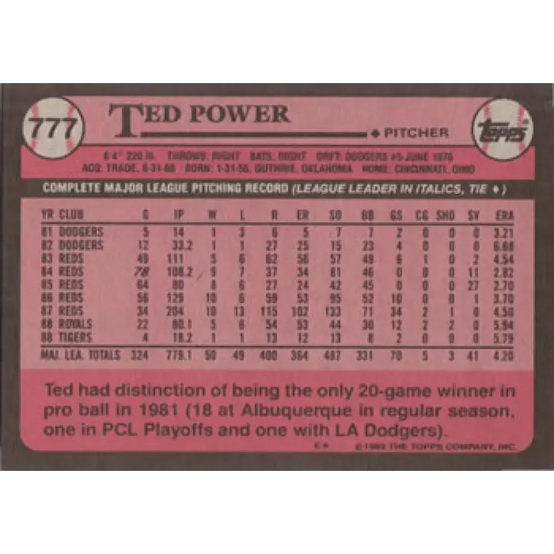 1989 Topps #777 Ted Power NM-MT Detroit Tigers Baseball Card - Baseball Card Single