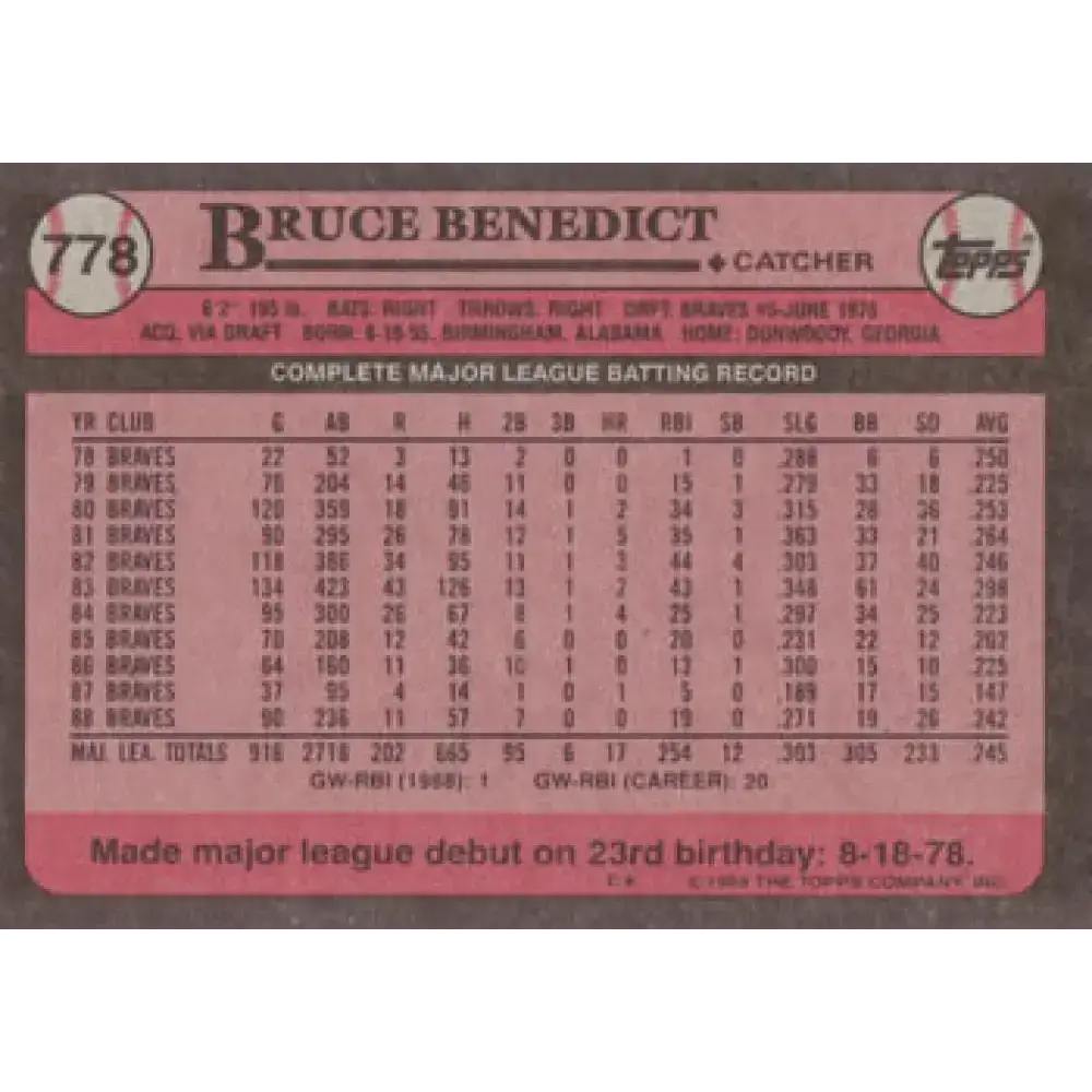 1989 Topps #778 Bruce Benedict NM-MT Atlanta Braves Baseball Card - Baseball Card Single