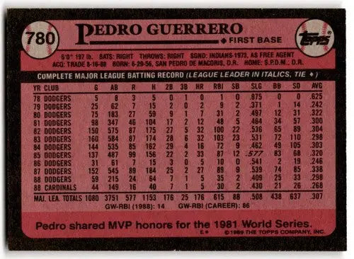1989 Topps Pedro Guerrero baseball card back with original gloss and simple sandoval design