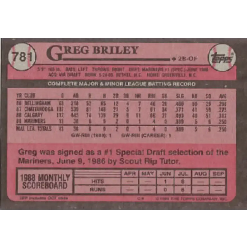 1989 Topps #781 Greg Briley NM-MT RC Rookie Seattle Mariners Baseball Card - Baseball Card Single