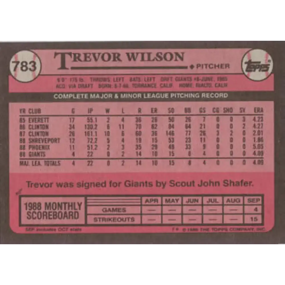 1989 Topps #783 Trevor Wilson NM-MT RC Rookie San Francisco Giants Baseball Card - Baseball Card Single