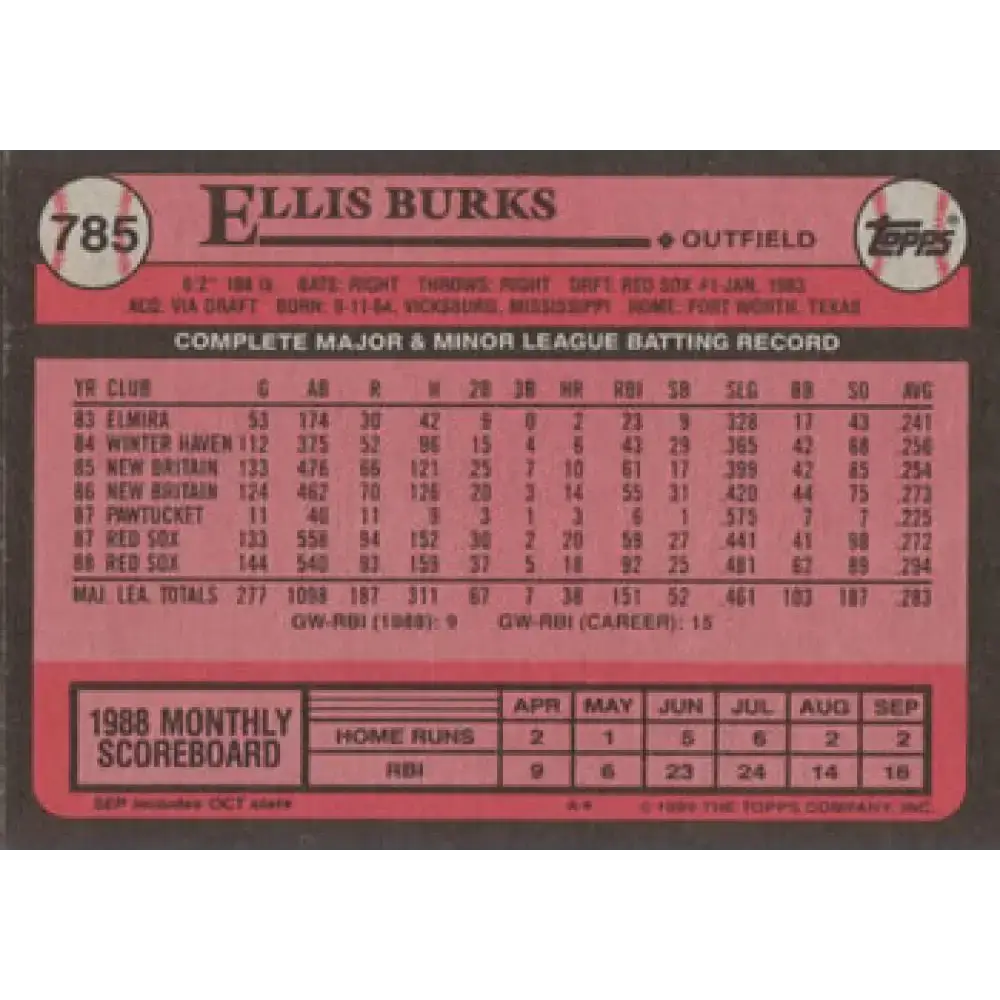 1989 Topps #785 Ellis Burks NM-MT Boston Red Sox Baseball Card - Baseball Card Single