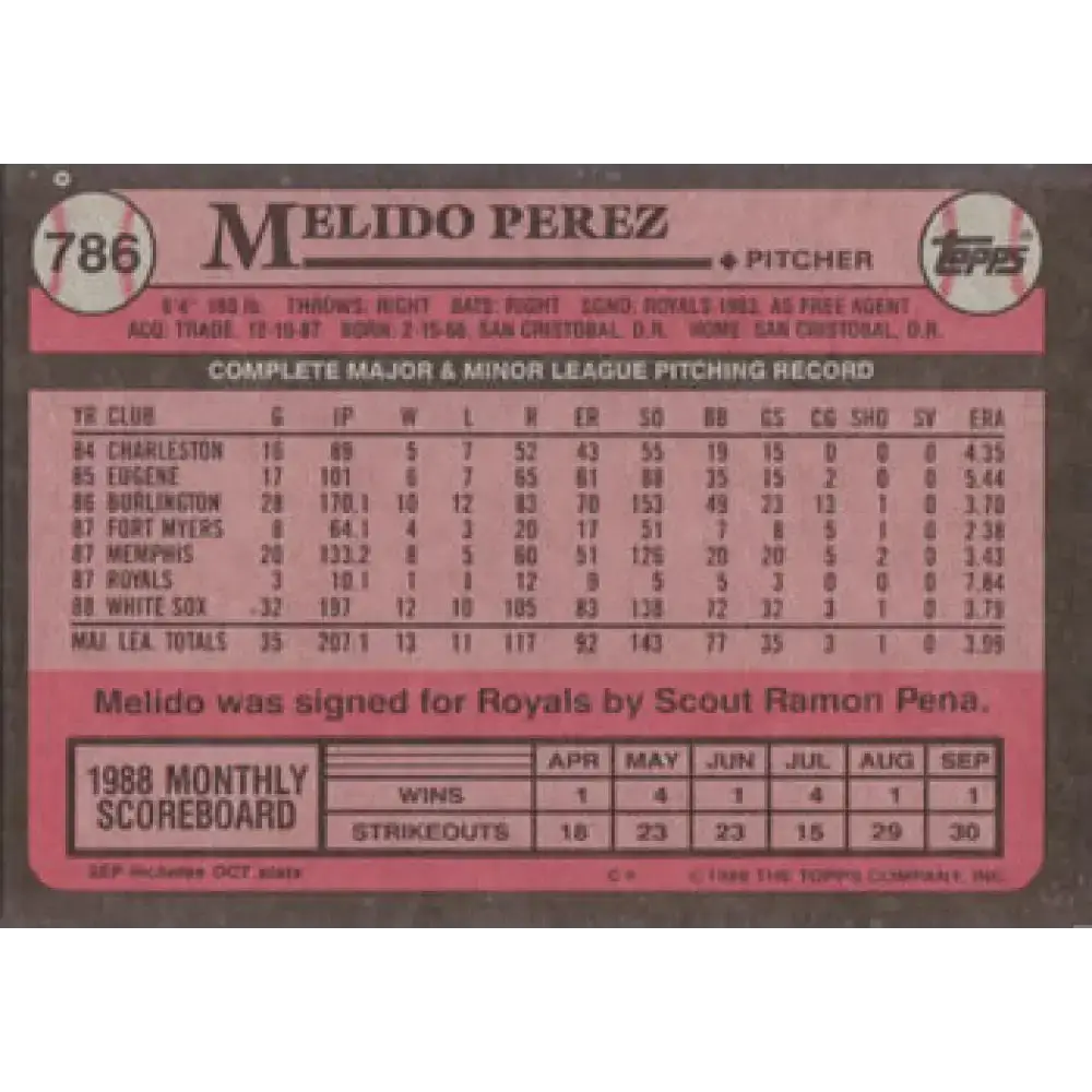 1989 Topps #786 Melido Perez NM-MT Chicago White Sox Baseball Card - Baseball Card Single