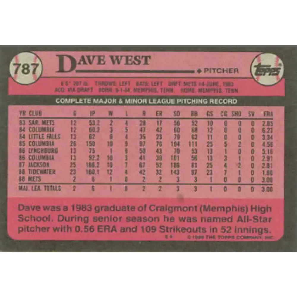 1989 Topps #787 David West NM-MT RC Rookie New York Mets Baseball Card - Baseball Card Single