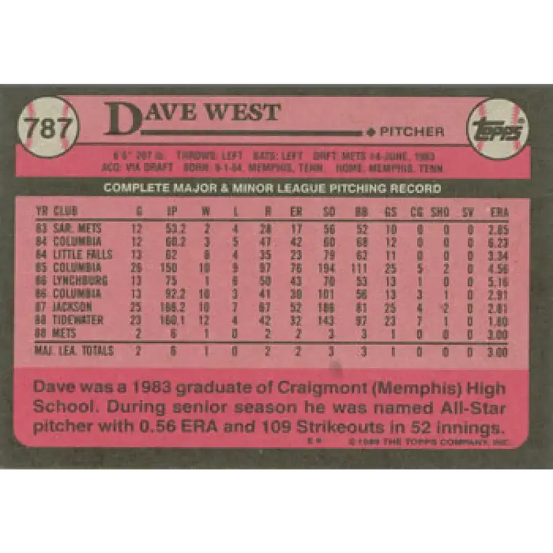 1989 Topps #787 David West NM-MT RC Rookie New York Mets Baseball Card - Baseball Card Single