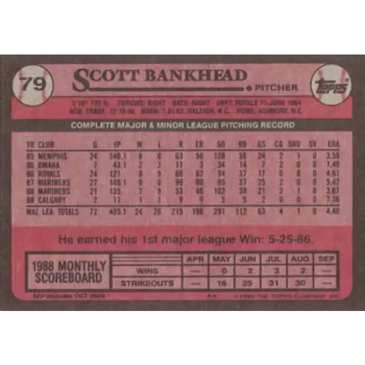 1989 Topps #79 Scott Bankhead NM-MT Seattle Mariners Baseball Card - Baseball Card Single
