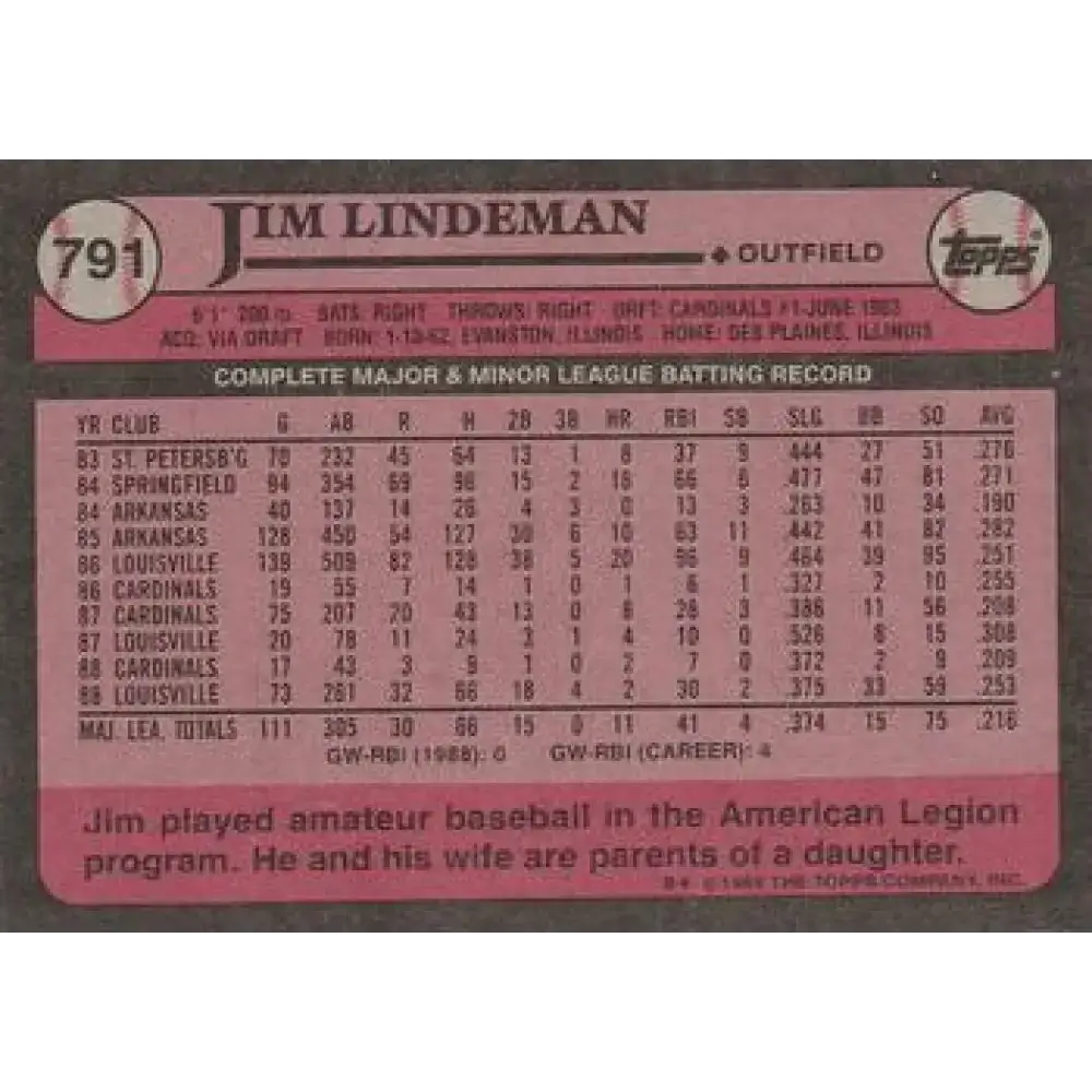 1989 Topps #791 Jim Lindeman NM-MT St. Louis Cardinals Baseball Card - Baseball Card Single