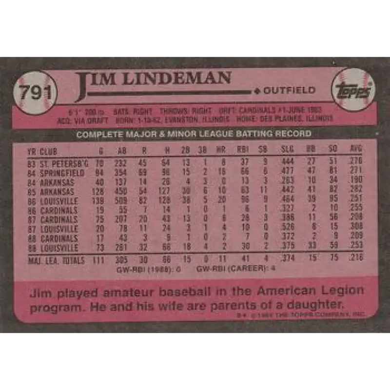1989 Topps #791 Jim Lindeman NM-MT St. Louis Cardinals Baseball Card - Baseball Card Single