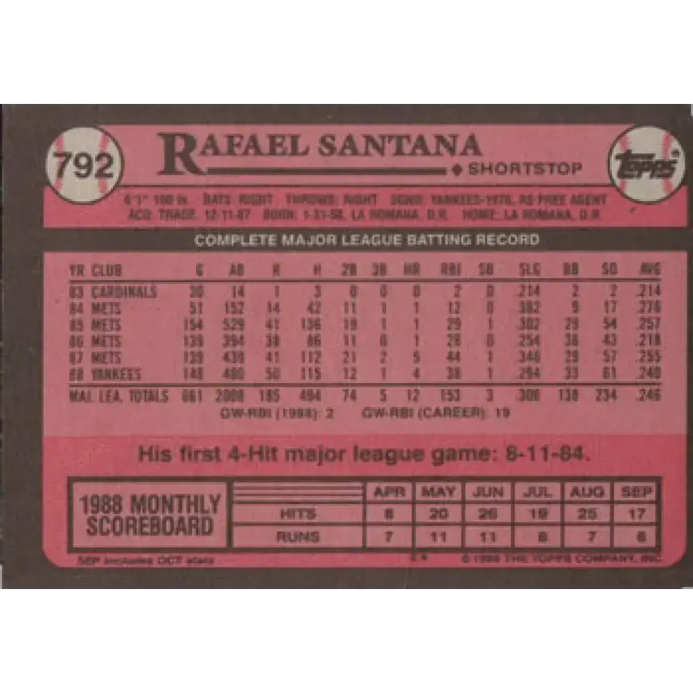 1989 Topps #792 Rafael Santana NM-MT New York Yankees Baseball Card - Baseball Card Single