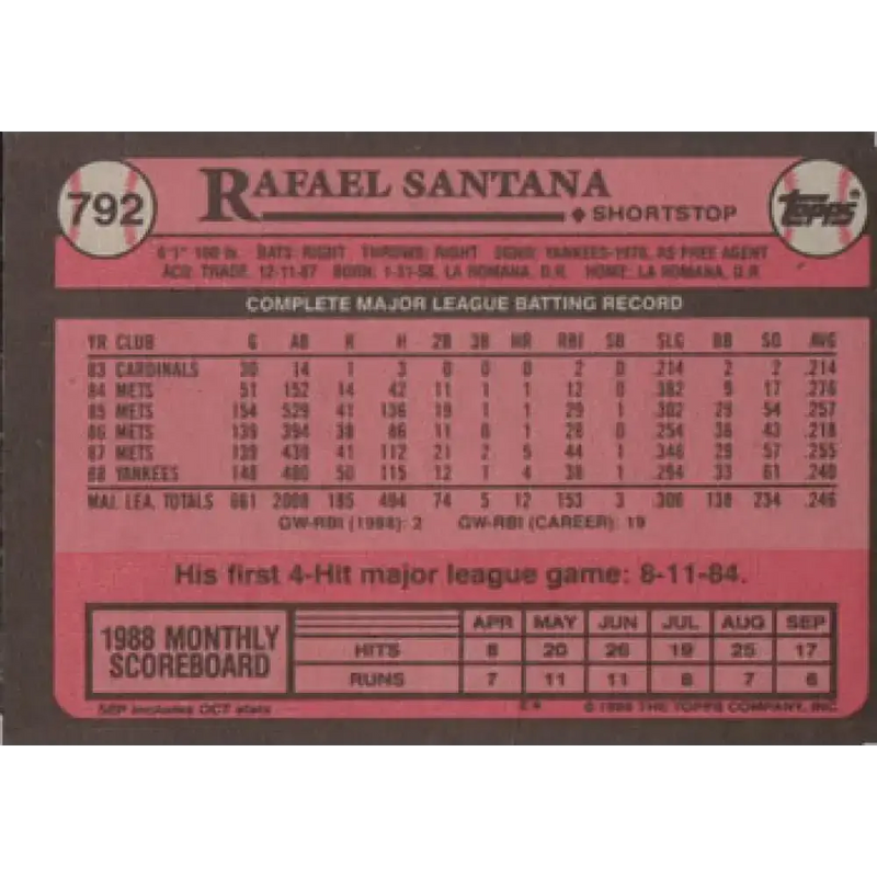 1989 Topps #792 Rafael Santana NM-MT New York Yankees Baseball Card - Baseball Card Single
