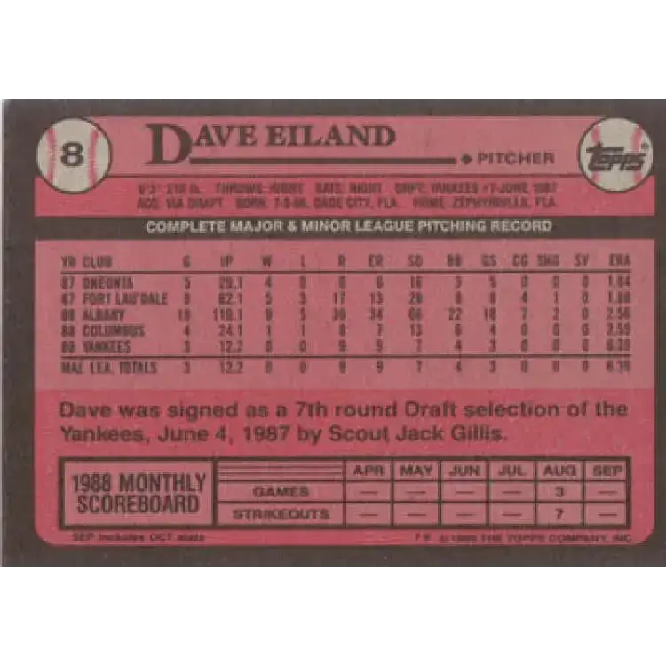 1989 Topps #8 Dave Eiland NM-MT RC Rookie New York Yankees Baseball Card - Baseball Card Single