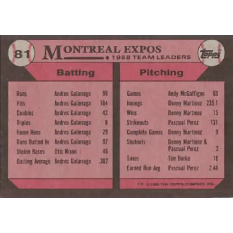 1989 Topps #81 Tim Raines Montreal Expos TL NM-MT Montreal Expos Baseball Card - Baseball Card Single