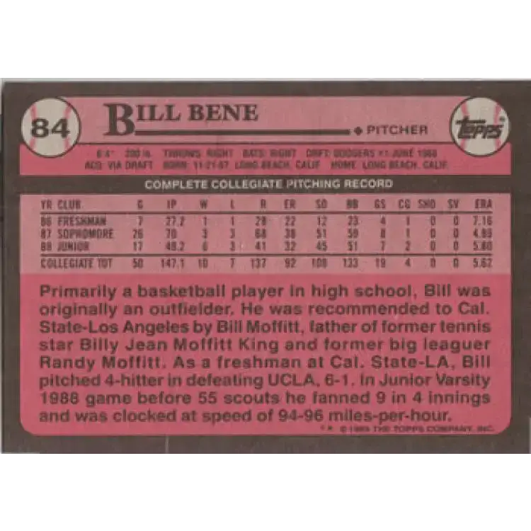 1989 Topps #84 Bill Bene FDP NM-MT Los Angeles Dodgers Baseball Card - Baseball Card Single