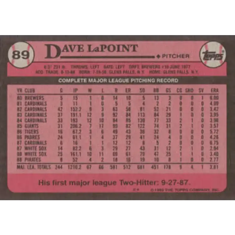 1989 Topps #89 Dave LaPoint NM-MT Pittsburgh Pirates Baseball Card - Baseball Card Single