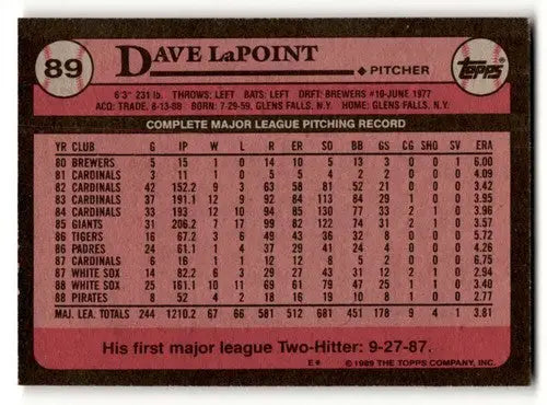1989 Topps #89 Dave LaPoint Pittsburgh Pirates Baseball Cards EX/NM ID:61586 - Baseball Card Single