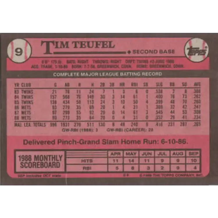 1989 Topps #9 Tim Teufel NM-MT New York Mets Baseball Card - Baseball Card Single