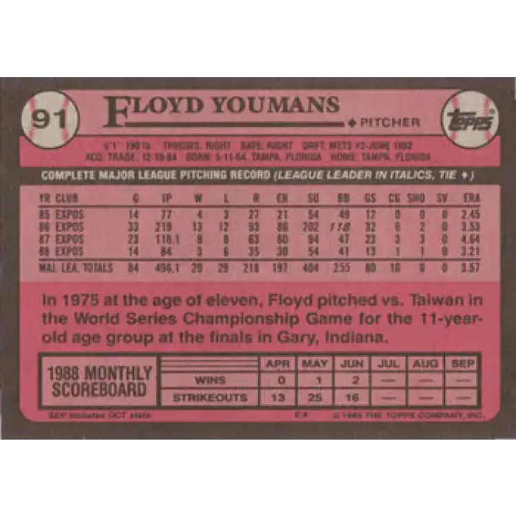 1989 Topps #91 Floyd Youmans NM-MT Montreal Expos Baseball Card - Baseball Card Single