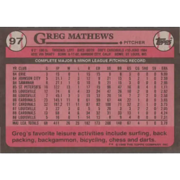 1989 Topps #97 Greg Mathews NM-MT St. Louis Cardinals Baseball Card - Baseball Card Single