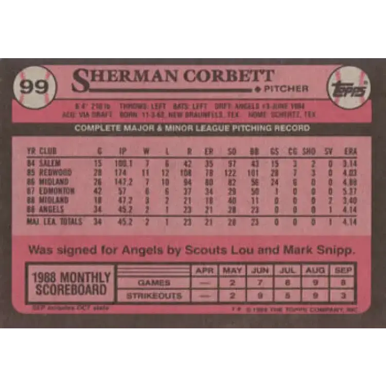 1989 Topps #99 Sherman Corbett NM-MT RC Rookie California Angels Baseball Card - Baseball Card Single