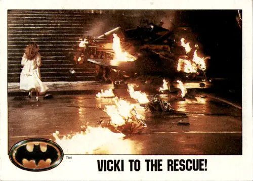 Original gloss on topps Batman 1989 Vicki to the Rescue burning wreckage card