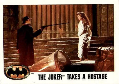 Original gloss image of Batman movie scene with Joker takes a hostage from Topps Batman series