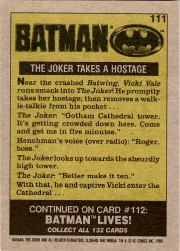 1989 Topps Batman Joker takes hostage trading card back with original gloss NM Near Mint